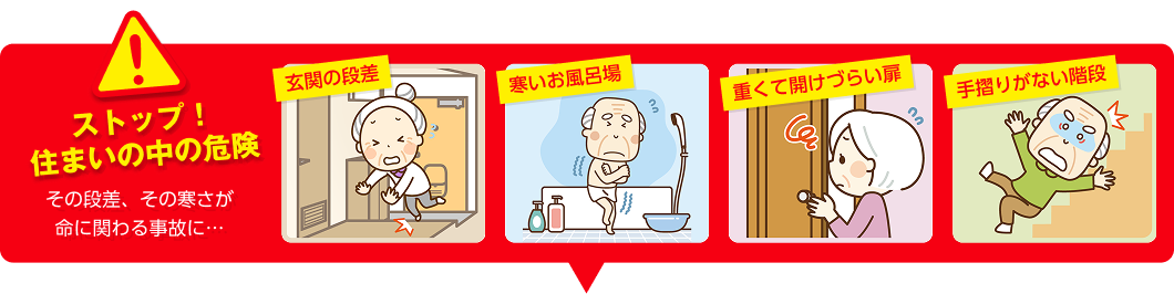 ストップ！住まいの中の危険 その段差、その寒さが命に関わる事故に… 玄関の段差 寒いお風呂場 重くて開けづらい扉 手摺りがない階段